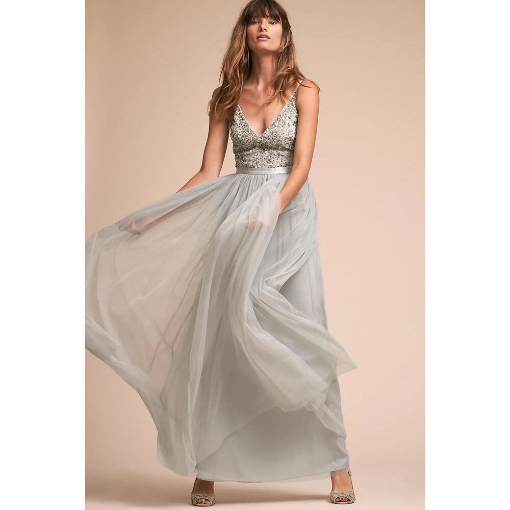 BHLDN Avery Beaded Tulle Bridesmaid Dress Morning Mist Green Women's Size 8 NWT